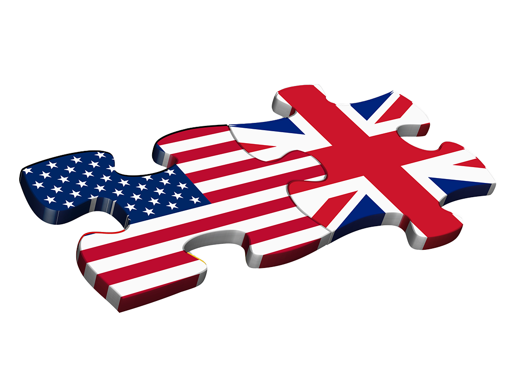 Two-piece puzzle image with American flag piece and British flag piece fitted together.
